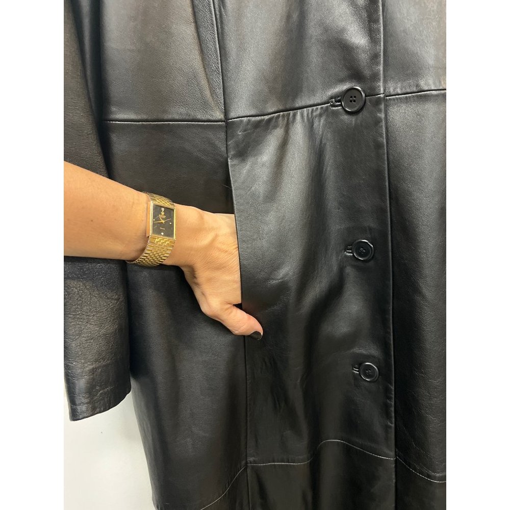 Winlit Solid Black Leather Jacket Long Coat Soft … - image 2